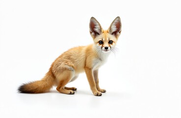 Obraz premium Cute fennec fox with big ears on white background. Small mammal, orange fur, intelligent look. Young, adorable, curious animal. Studio shot, isolated on white, perfect for design. Wildlife, nature.