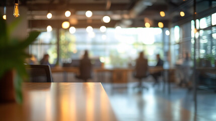 A blurred view of a modern office space with desks and people working in a bright and airy environment