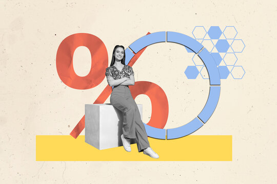 Composite photo collage trend template of charts analyzing target stats business percent diagram young lady smile sit cube human resources - Powered by Adobe