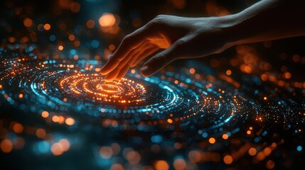 Hand interacting with futuristic interface, glowing circles, dark background, technology concept