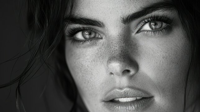 Close-up grayscale portrait of a woman with freckles