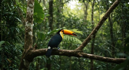 Toucan tropical bird sitting on a tree branch in natural wildlife environment in rainforest jungle