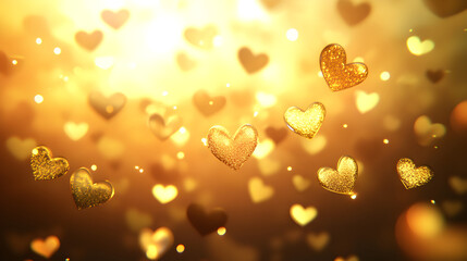of shimmering gold hearts and soft, glowing light, with a blurred bokeh effect creating a dreamy and romantic mood 
