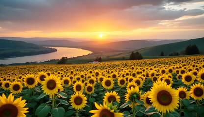 Obraz premium A breathtaking sunflower field at sunset 4K landscape view.
