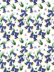Floral seamless pattern with blue bells and butterflies.