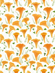 Forest seamless pattern with chanterelle mushrooms, hare cabbage and twigs.