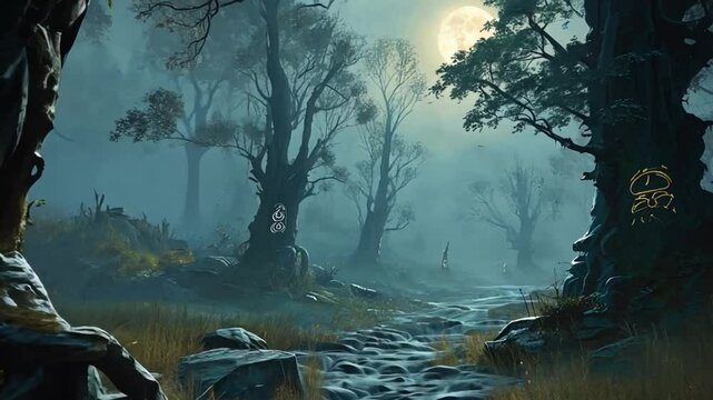 Foggy Forest Landscape with Silhouetted Trees