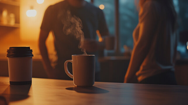 Warm-toned break area, team members gathered casually, coffee mugs in hand, casual workspace vibes.