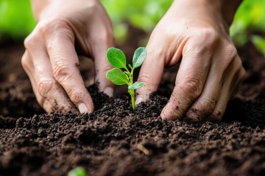 Nurturing hands preparing rich dark soil for therapeutic garden planting with visible texture and seedlings ready for cultivation. Connection with earth promotes emotional healing and mental wellness.