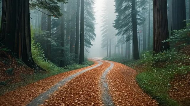 Autumn Pathway Covered in Fallen Leaves Through a Forest