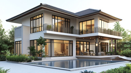Modern two story house with large windows and pool, surrounded by greenery