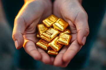 Hands Holding Gold Bars on a Sunny Day in Natural Setting
