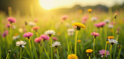 Fototapeta premium A field of wildflowers with the sun setting in the background.