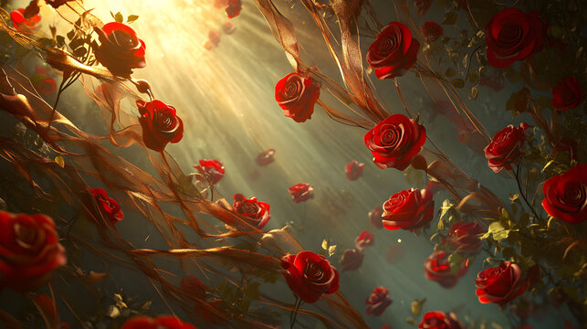 design with a scattering of red roses, delicate ribbons, and soft light creating a tender love-themed atmosphere 