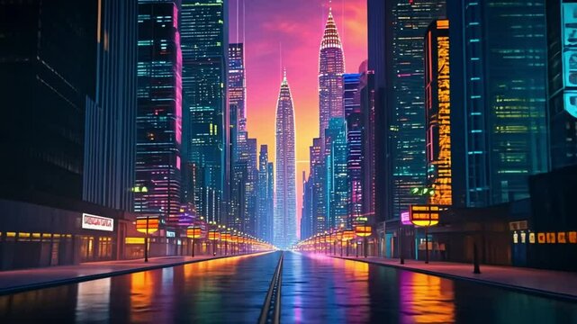 Vibrant Cityscape at Dusk with Colorful Sky and Streetlights