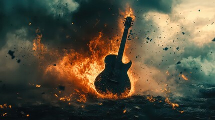 A cinematic still of a lone guitar standing in fire, ash falling from the sky, epic and moody tones