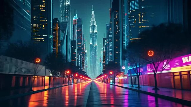 Futuristic City Street at Night with Neon Reflections