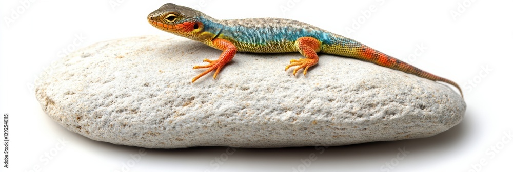 Poster colorful lizard rests on textured rock against bright white background, showcasing vibrant patterns 