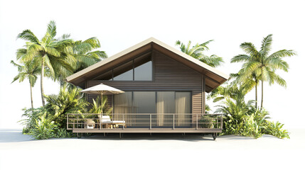 Fototapeta premium Modern resort style house with palm trees and deck on white background