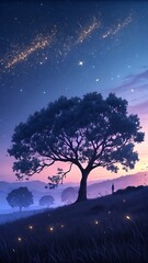 A solitary tree with rounded, almost dreamlike foliage, glowing subtly under the twilight sky
