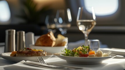 Gourmet business class meal served mid-flight in an elegant airline cabin, highlighting luxury travel, world-class hospitality, and fine dining experiences at cruising altitude.