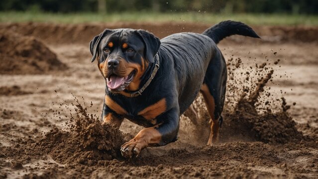 Rottweiler dog happily running and playing in the dirt  