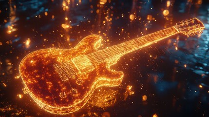 Fototapeta premium A vibrant image of a guitar made entirely of fire, glowing strings and blazing body floating over a dark backdrop