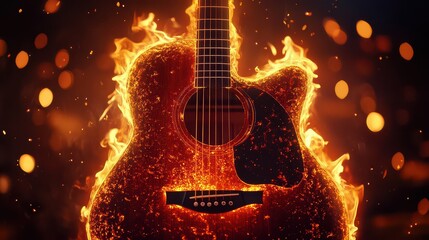 A vibrant studio shot of a guitar engulfed in animated fire effects, glowing strings and flickering flame reflections