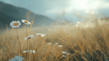 Golden meadow bathed in soft light, featuring delicate white daisies amidst tall grasses. A serene and peaceful natural scene