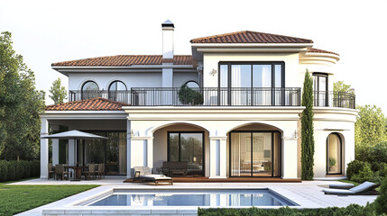 Elegant resort style house with pool and patio, surrounded by greenery