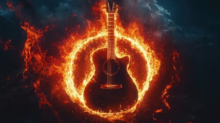 An acoustic guitar slowly burning in a ring of fire, captured mid-combustion with glowing wood and rising smoke