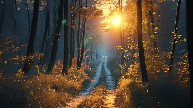 Sunbeams Illuminating a Misty Forest Clearing