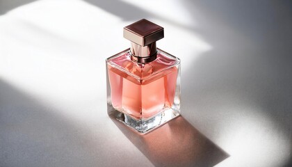 Elegant Blank Perfume Bottle Mockup with Pink Liquid in a Warm Temperature. Perfume with White Background Isolated and Natural Daylight.