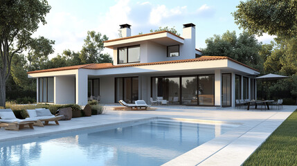 Fototapeta premium Modern resort style house with pool and patio, surrounded by trees