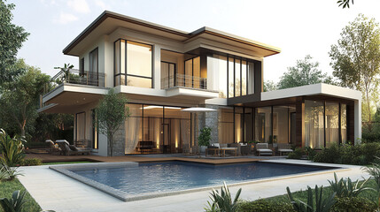 Fototapeta premium Modern two story house with pool and garden, creating serene atmosphere