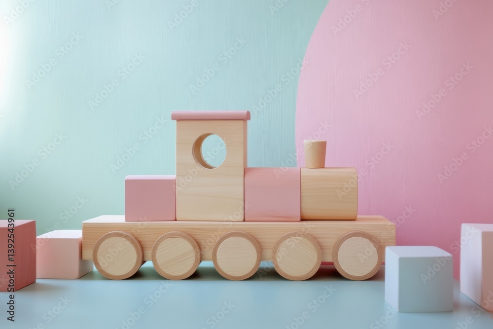Poster cozy wooden train toy made of pastel cubes on a soft colored floor with minimal movement in a serene