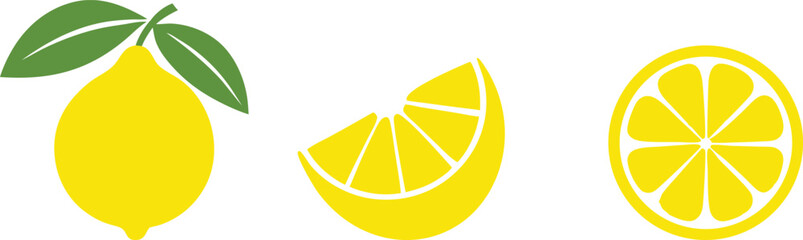 Lemon cut slices vector set, Whole, half and slice chopped lemon fruit flat collection