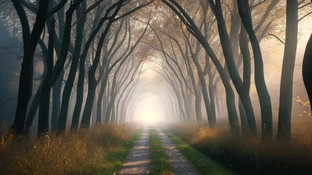 Light at the End of a Tunnel of Trees in a Forest