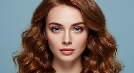 Naklejka premium Confident woman with auburn hair on blue background