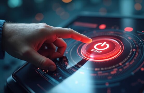 Finger presses digital start button. Activating digital interface, power button icon, modern technology. Modern tech concept, innovation. Launching, switching on. Computing, internet connection.