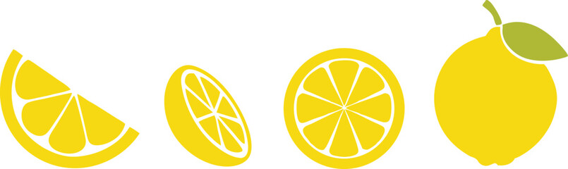 Lemon cut slices vector set, Whole, half and slice chopped lemon fruit flat collection