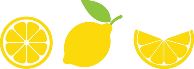 Lemon cut slices vector set, Whole, half and slice chopped lemon fruit flat collection