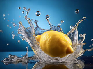 Lemon water, fresh, splash, blue backdrop, hyper-realistic
