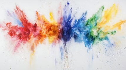 Fototapeta premium Abstract watercolor artwork featuring an explosion of vibrant colors blending harmoniously, showcasing reds, oranges, blues, greens, and yellows on a white background