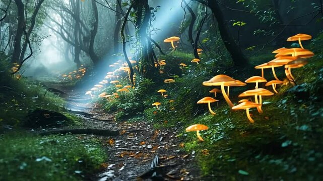 Enchanted Forest Path with Glowing Mushrooms and Magical Light