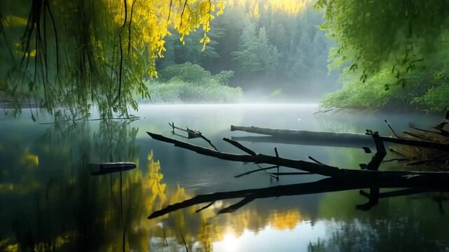 Misty Forest Scene with Fallen Logs in Water