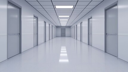 Fototapeta premium Modern Empty Corridor with Doors and Recessed Lighting, Clean and Minimalist Architectural Design, Smooth White Interior.