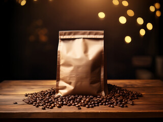Coffee bag design mockup photo on a wooden table with a dark backdrop product photo rustic lighting bokeh coffee beans on the table