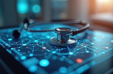 Stethoscope on digital tablet with futuristic medical data visualization. Tech innovation in healthcare, network of connected dots, modern medicine. AI, digital health, telemedicine concept.
