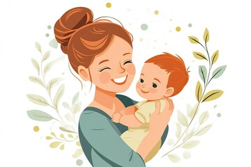 Illustration of a loving mother holding her baby against a floral background